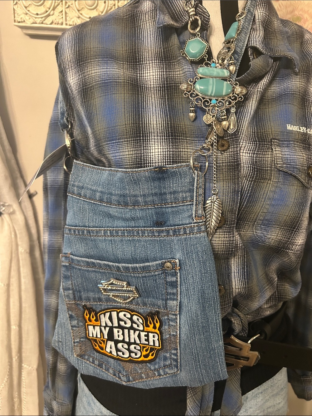 Reworked Harley-Davidson Blue Denim Mini Bag Patch & HD Rhinestone Pin